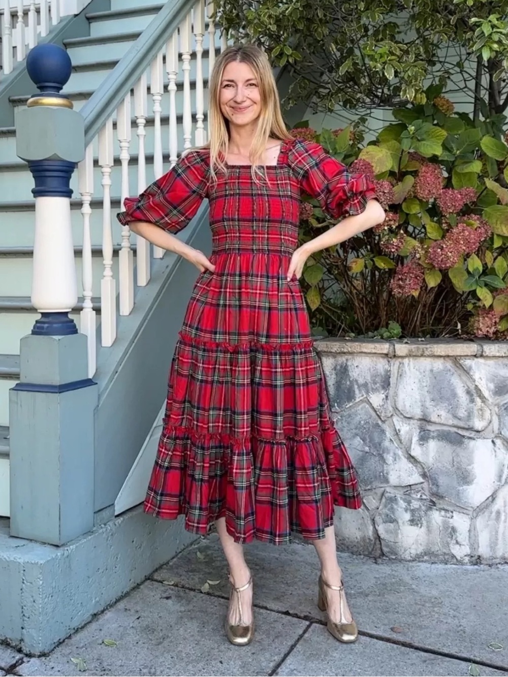 Ivy City Co Red Tartan Plaid Smocked Midi Dress Puff Sleeve Holiday M